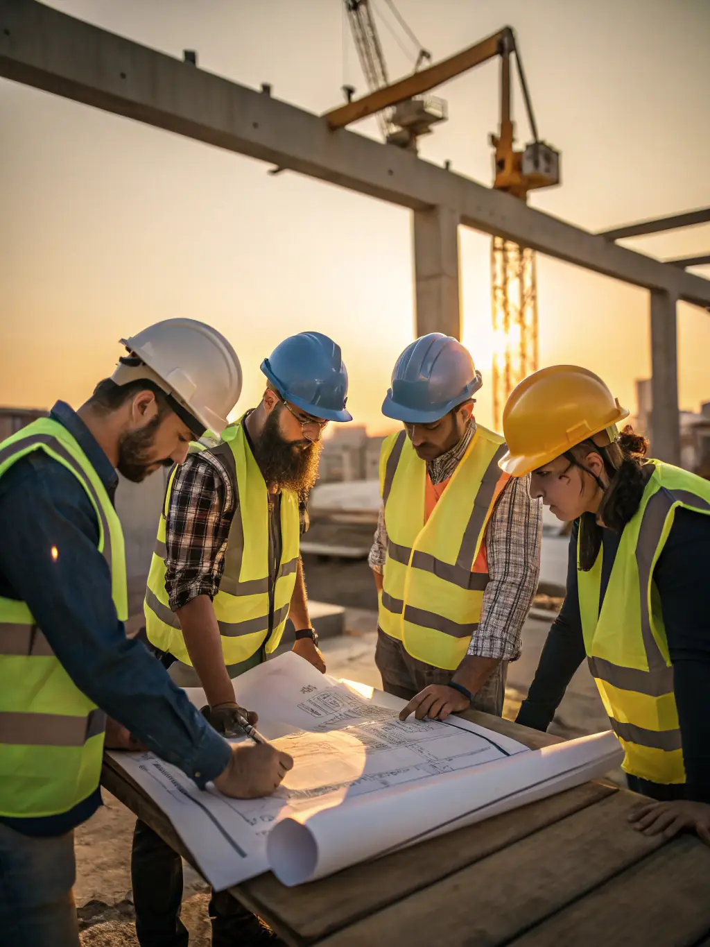A diverse team of construction professionals reviewing blueprints on a job site, emphasizing their collaborative approach and expertise.