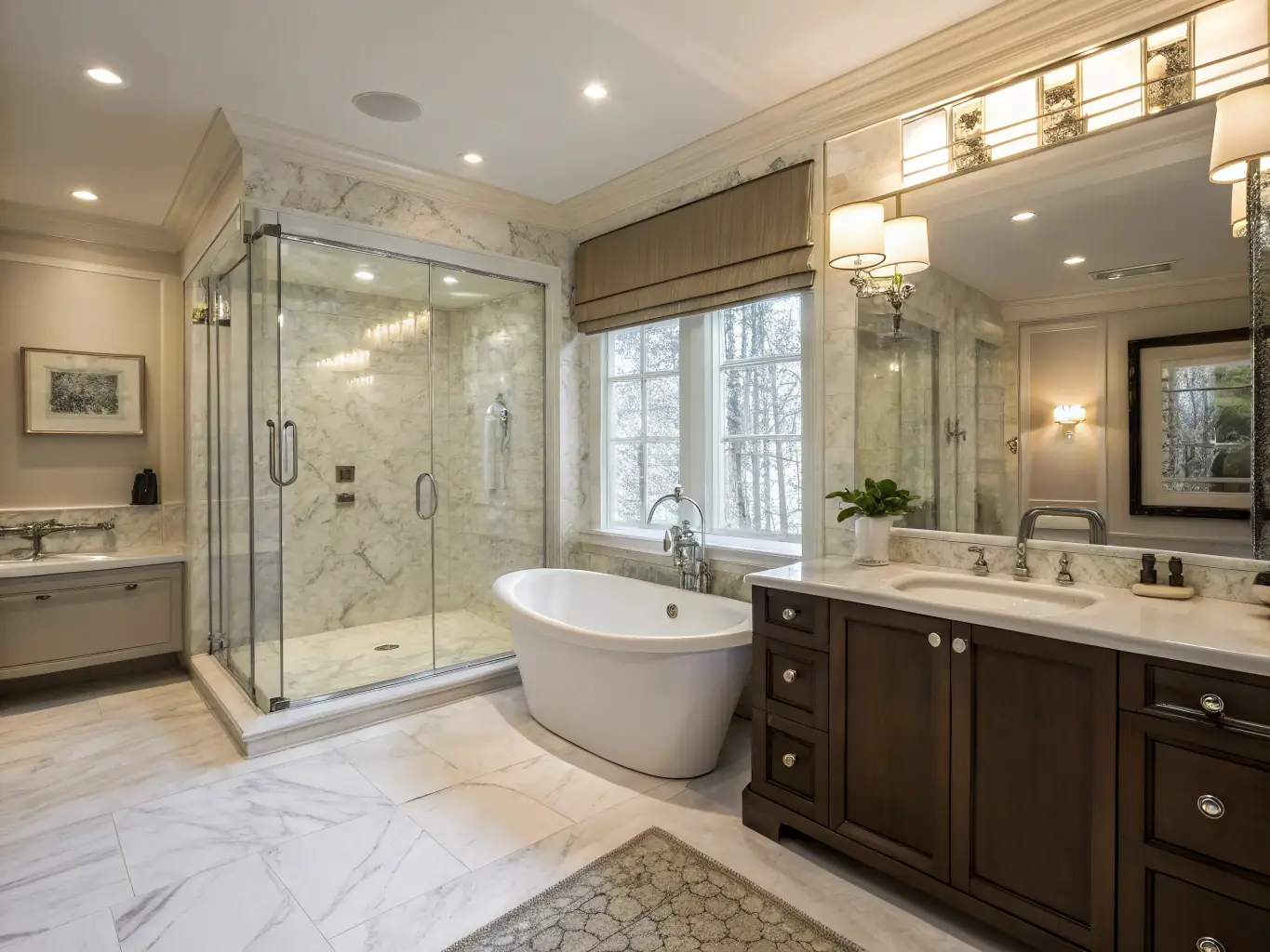 A luxurious bathroom featuring a soaking tub, walk-in shower, and elegant tile work, representing a bathroom upgrade project completed by XWZ Construction.