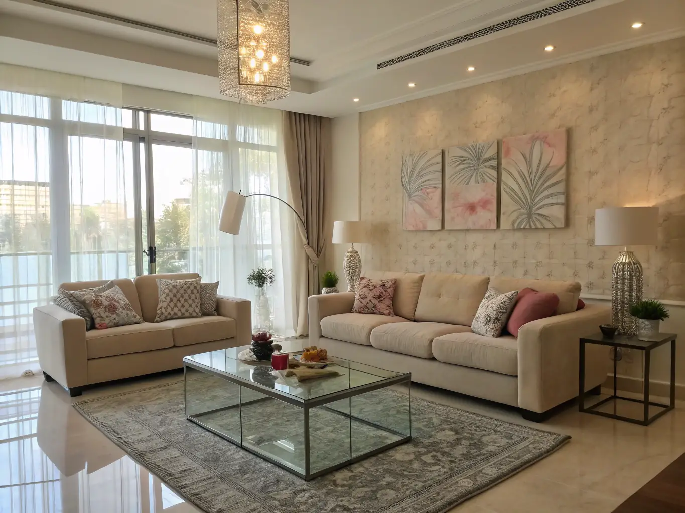 A beautifully renovated living room with an open floor plan, modern furniture, and updated lighting, illustrating a whole-home remodeling project by XWZ Construction.