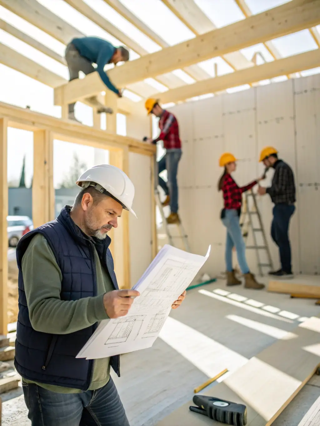 A project manager communicating clearly with homeowners on-site, showcasing XWZ Construction's commitment to transparent communication.